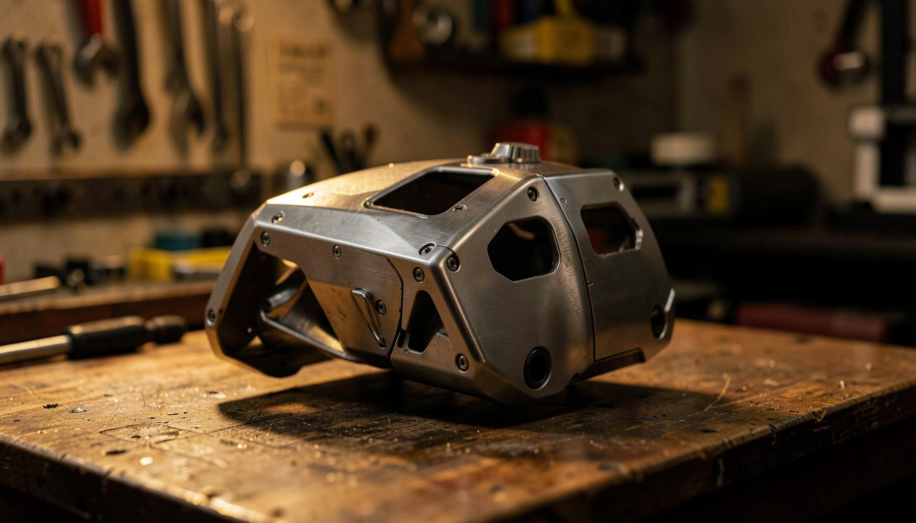 A brushed aluminum astromech droid body frame resting on a workbench in a softly lit workshop, with warm amber tones and deep shadows