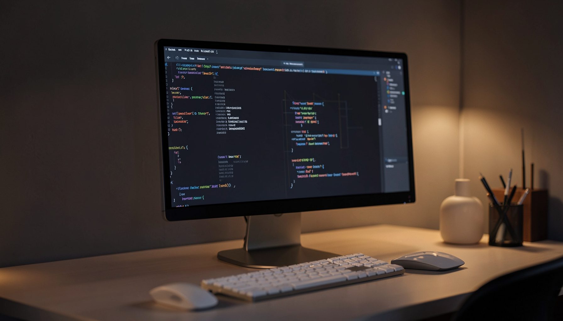 A clean modern workspace with a monitor displaying abstract code and design elements, warm ambient lighting, dark and light contrast