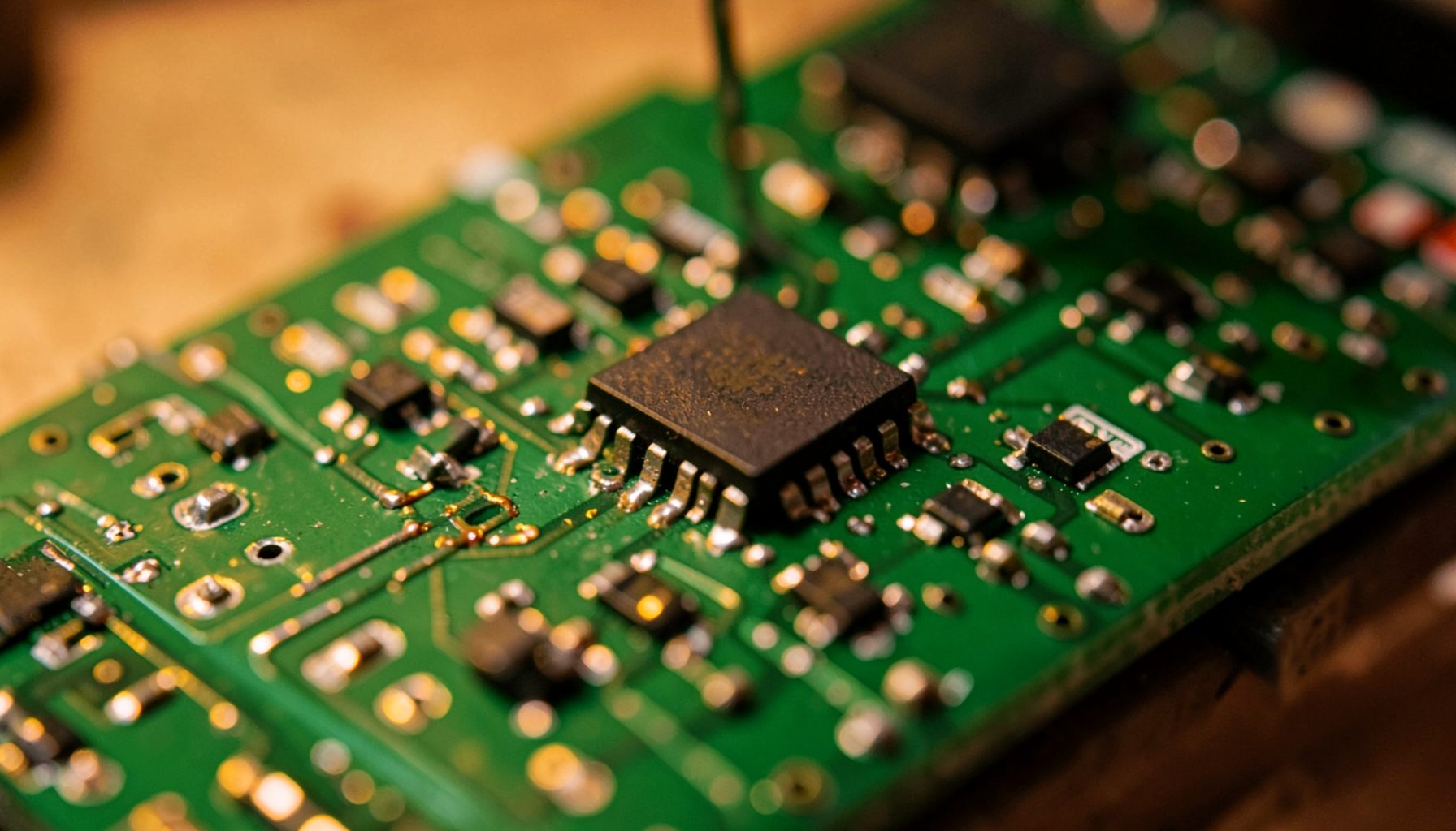 Close-up of a green circuit board with microchips and wiring under warm soldering light
