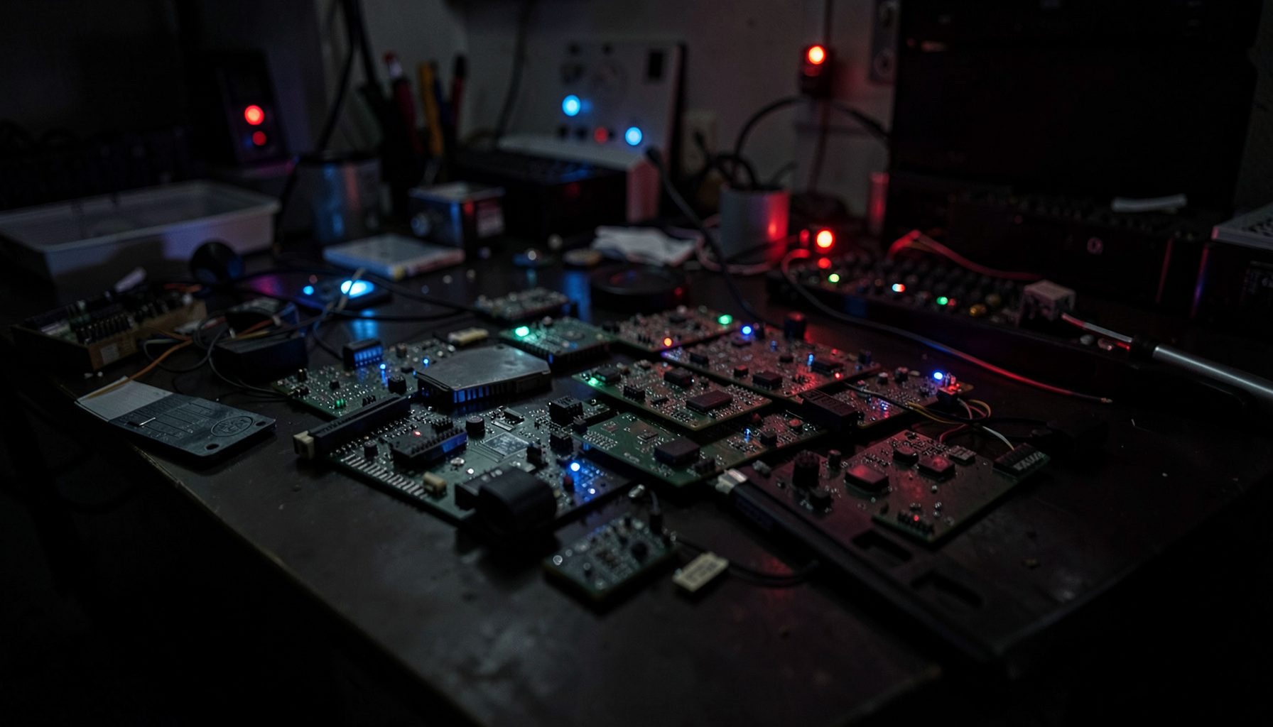 A dark workshop bench with scattered electronic components, circuit boards, and glowing LED indicators in blue and red