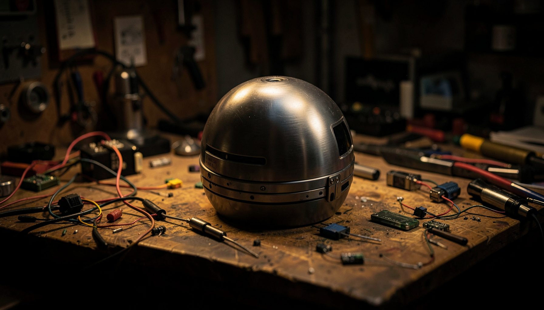 A dimly lit workshop bench with scattered electronic components, wires, and a brushed aluminum astromech dome in progress