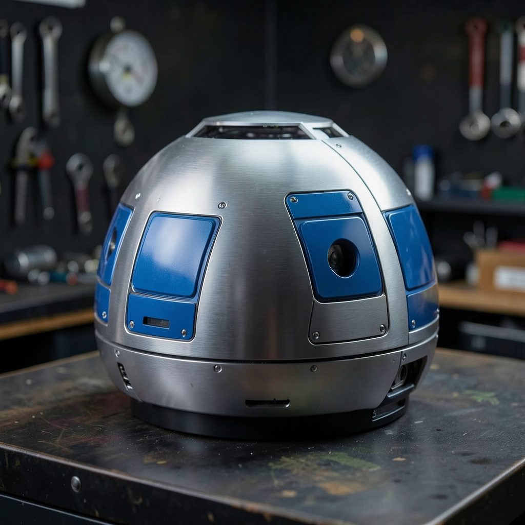 A partially assembled astromech droid dome in brushed aluminum with blue and silver panel details
