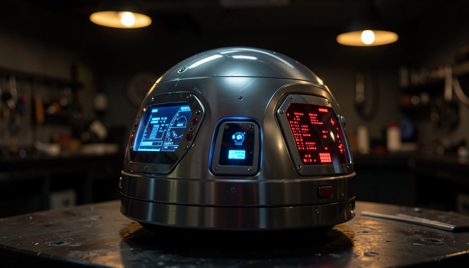 A polished aluminum astromech dome with blue and red illuminated logic display panels, set against a dark workshop background