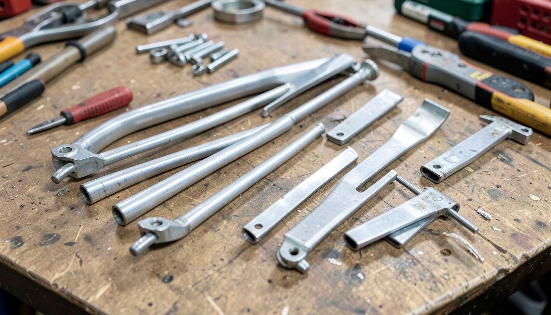 Aluminum leg struts and foot drive assemblies laid out on a workbench with tools, warm workshop lighting