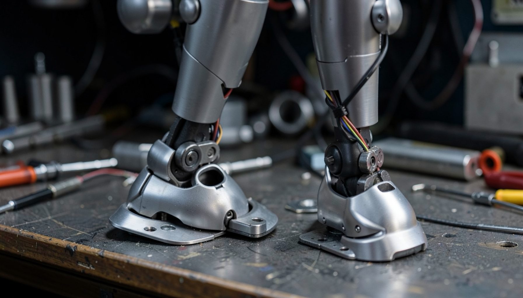 Close-up of a droid leg assembly on a workbench with brushed aluminum foot shells and motor housings