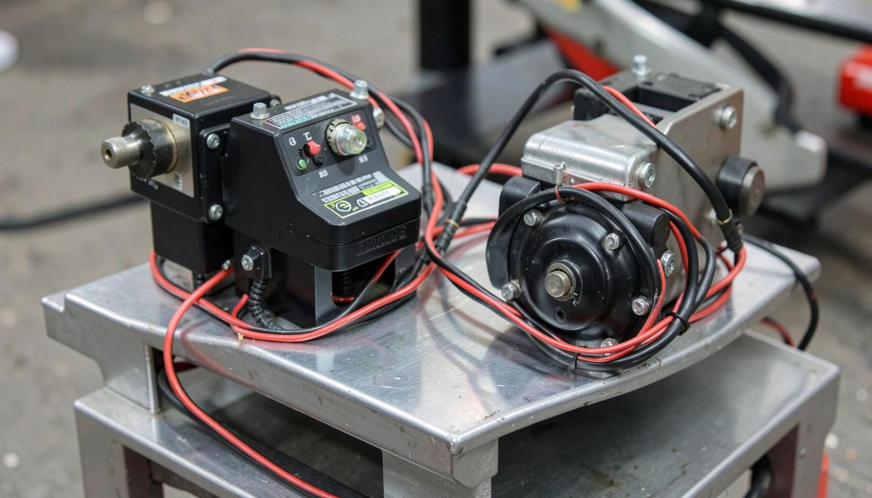 Motor controllers and scooter motors mounted on a metal test platform with red and black wiring