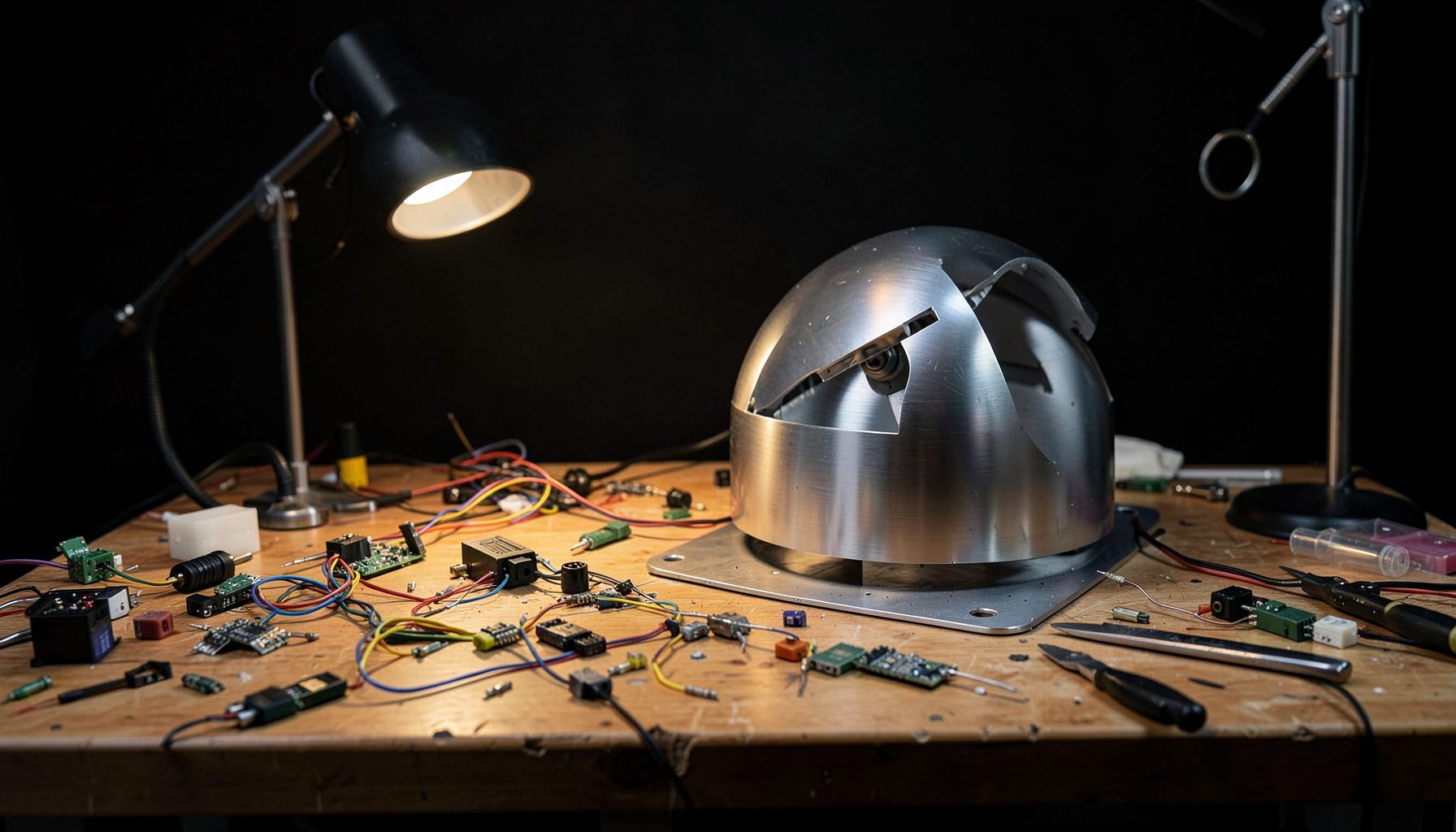 Warm workshop bench with scattered electronic components, wires, and a partially assembled droid dome in brushed aluminum, amber lighting